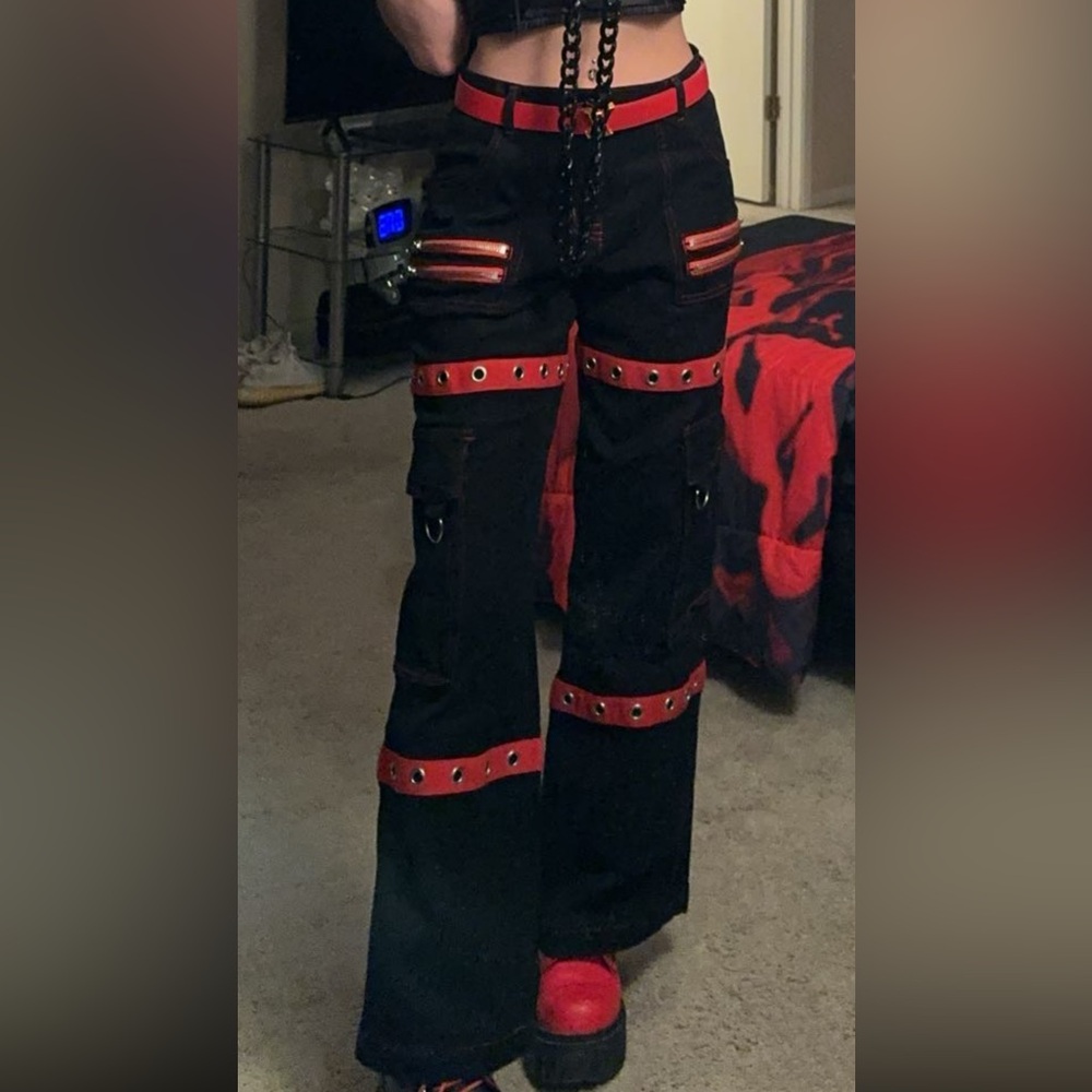 Dolls Kill Black and Red Flare Jeans